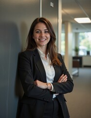 Portrait of a happy business woman standing against a wall in a corporate office Professional Worker Portrait Ultra realistic Photorealistic  capture subject in a way that resembles a still frame f