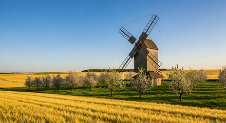 Scenic view of a windmill in a golden wheat field.