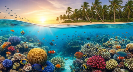 opical Paradise: Underwater Coral Reef and Sunset Beach