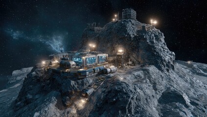 Futuristic lunar base on a craggy asteroid, lit by artificial lights against the starry cosmos