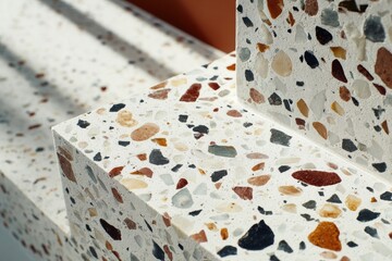 Close-up of a modern,  terrazzo step.  A  corner view reveals  colorful,  small stone  pieces  in a light background. Sunlight casts shadows