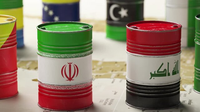 OPEC members countries flags on a crude oil barrels. 3d animation