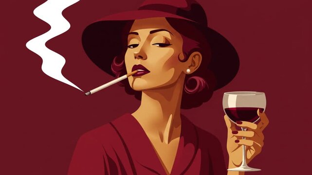 A glamorous woman in a scarlet hat holding a glass of red wine, embodying vintage film noir elegance and style