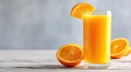 Fresh orange juice in a glass, with sliced oranges