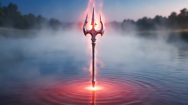 Divine Trishula Radiating Power in a Serene River at Dusk.