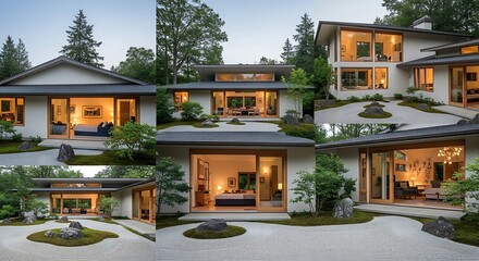 Obraz premium Modern Japanese Inspired Luxury Home Exterior with Zen Garden and Large Windows.