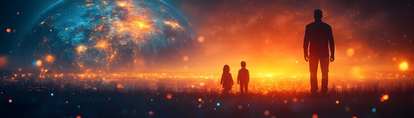 Fototapeta premium Silhouettes of a family standing against a backdrop of a futuristic skyline fireworks and a digital globe symbolizing the passing of knowledge and progress through