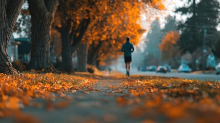 Obraz premium A jogger runs along a tree-lined street adorned with vibrant autumn leaves, creating a peaceful and picturesque scene.