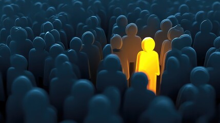 Fototapeta premium Glowing yellow figure standing out in a dark crowd, symbolizing individuality, leadership, and uniqueness among many.