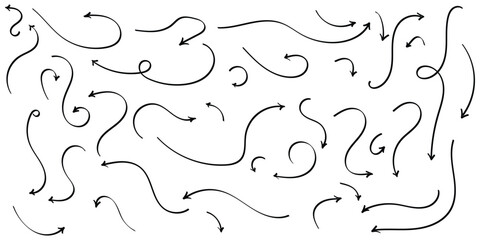 Black hand drawing doodle arrow on isolated white background. Different shapes hand drawn arrow set.  Isolated curved vector doodle icon set. Curved isolated curved navigation arrow. 