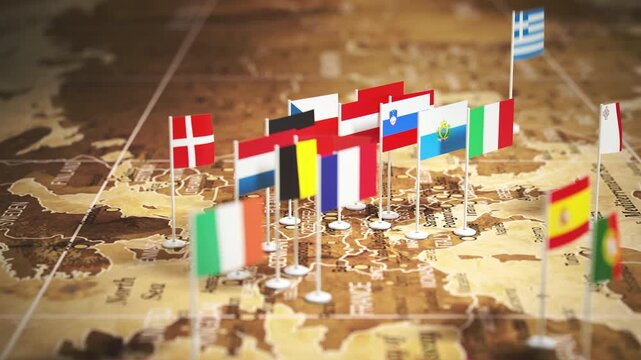 Vintage European Union EU map with members countries flags. 3d animation