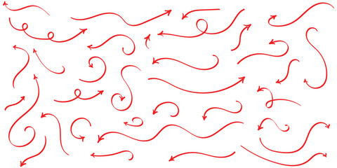 Red isolated hand drawn curved arrow on white background. Different curved arrow icon set. Hand drawing doodle arrow set. Vector arrow icon set. 