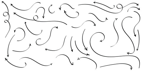 Black hand drawing doodle arrow on isolated white background. Different shapes hand drawn arrow set. Pointing vector design drawn. Isolated curved vector doodle icon set. EPS 10. 