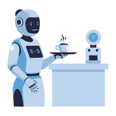 Robot Waitress: A futuristic robot waitress serves a steaming cup of coffee on a tray, showcasing technological advancements in service and automation. 