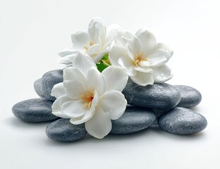 Delicate white flowers rest on smooth dark stones