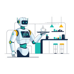Robotic Server at Cafe: A futuristic, friendly robot gracefully serves a steaming cup of coffee on a tray within a stylized cafe, capturing the essence of innovation and service.