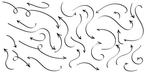 Black hand drawing doodle arrow on isolated white background. Different shapes hand drawn arrow set. Pointing vector design drawn. EPS 10. 
