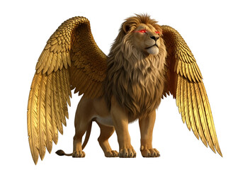Majestic lion with golden wings, showcasing detailed fur and luminous eyes, stands against a dark background.