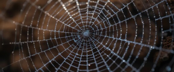 Obraz premium Earthbound Sparkle Detailed Dew Kissed Web on Brown Earth Backdrop