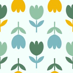 Scandinavian Leaf and Tulip Pattern Seamless Design in Green, Blue, and Yellow 