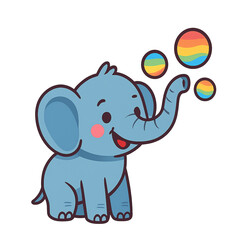 Elephant blowing rainbow bubbles from trunk, colorful flat vector