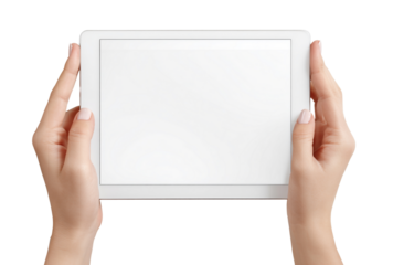 Hands holding a white tablet computer, isolated on transparent background