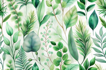 Green Watercolor Leaves Pattern Botanical Nature Background