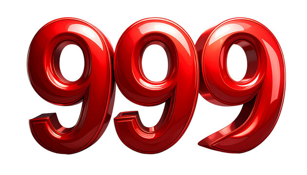 999 Red 3D Number, isolated on a transparent background PNG