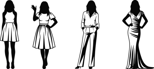 Silhouette of Women in Stylish Outfits and Different Poses for Fashion, Lifestyle, Beauty, Clothing, Elegance, and Vector Design Illustration
