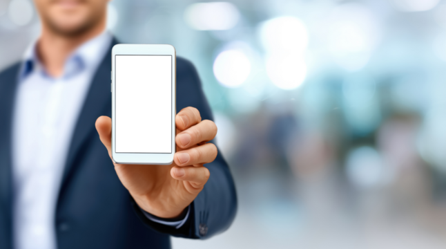 Professional businessman in suit displaying blank white smartphone screen in blurred office environment