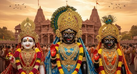 Three hindu deities adorned in golden crowns and colorful attire stand before a grand temple
