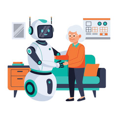 Robotic Caregiver in the Home: A gentle illustration showcases a futuristic robot extending a helping hand to an elderly individual, portraying the future of elderly care, comfort, and convenience. 