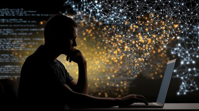 A man is sitting at a desk with a laptop open. data scientist coding at computer with glowing fairness bias graph overlay, ai governance ethics documentary muted