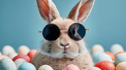 Rabbit wearing sunglasses surrounded by colorful Easter eggs in a playful setting