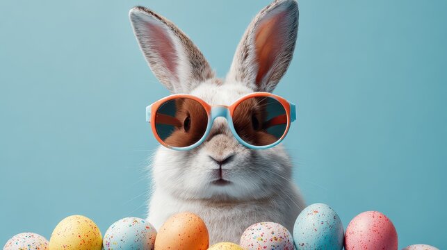 Cute rabbit wearing sunglasses poses with colorful Easter eggs against a blue background - Powered by Adobe