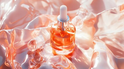 Luxury skincare serum, glass bottle, glazed skin effect, soft radiant glow, high-end cosmetic branding, close-up macro shot, dewy finish, premium ingredients, elegant packaging.