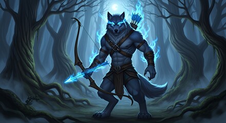 Mystical Werewolf Archer in Enchanted Forest with Blue Lightning and Full Moon