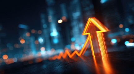 Neon arrow graph ascends over city lights
