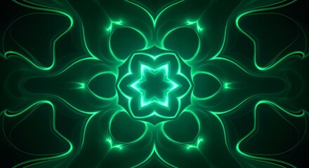Abstract Green Neon Light Pattern with Symmetrical Floral Design for Digital Art Background
