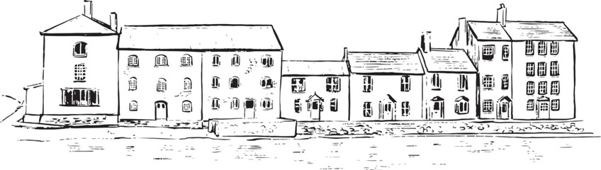 Ink illustration of traditional Devonshire seaside houses — coastal village architecture, historic waterfront homes, detailed black-and-white line art drawing of Devon coast scenery