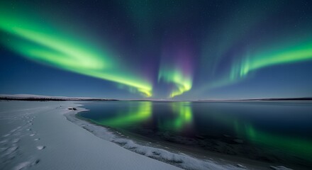 Northern Lights Aurora Borealis Over Snowy Landscape at Night