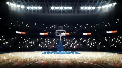 Basketball court illuminated by spotlights with fans cheering in the background during a game - Powered by Adobe