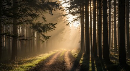 Sunlit Forest Path Surrounded by Tall Trees in Morning Light
