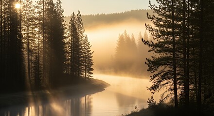 Serene Forest Landscape with Misty River at Sunrise in Natural Setting