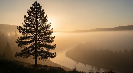 Serene Pine Tree Silhouette Overlooking Calm Lake at Sunrise in Nature