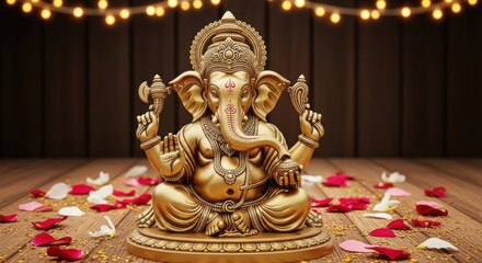 Fototapeta premium Golden statue of lord ganesha, the hindu god of wisdom and remover of obstacles