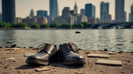 Ground-level memorial of empty footwear in remembrance of terror victims