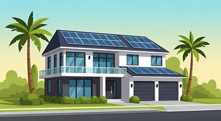 Modern Two-story House with Solar Panels Surrounded by Palm Trees in Suburban Setting