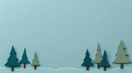 Minimalist handmade paper Christmas border with simple trees on light blue background, children's drawing style with white space
