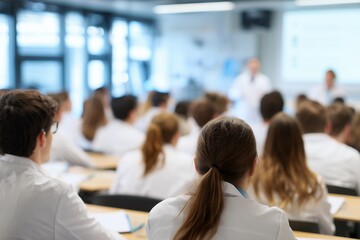 Diverse group of students in white coats attending medical lecture, rear view. Concept for healthcare education, pharmaceutical presentation, and scientific convention